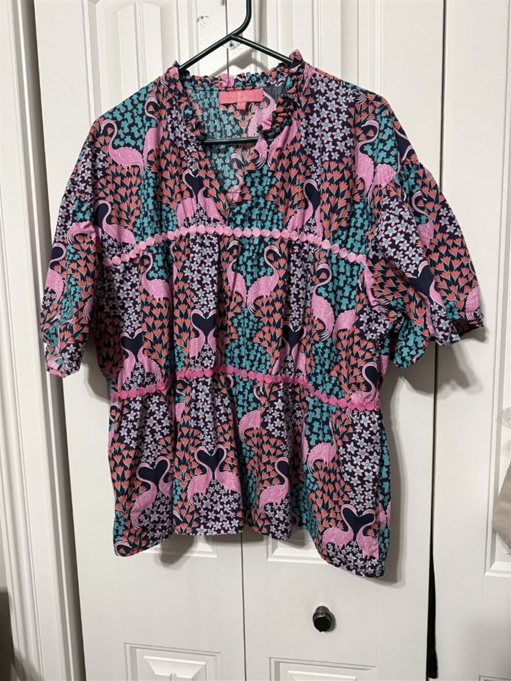 Simply Southern Blouse Pink Flamingo Ruffle Ric Rac Womens Large Flowy Tropical